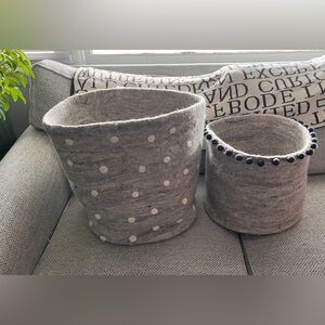 2 Gray Felt Storage Baskets with White Polka Dots / Black Bobbles - Home Accents